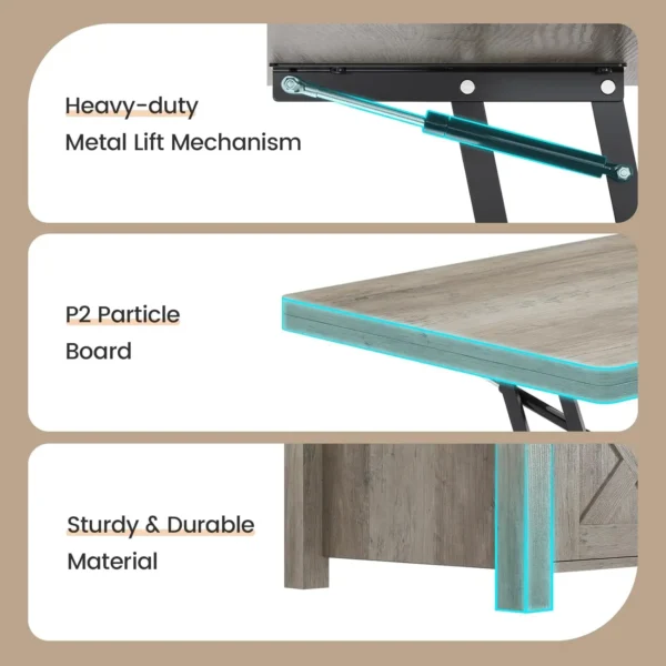 Lift Top Coffee Table, 4 in 1 Multi-Function Convertible Coffee Tables with Storage and Hidden Compartment, Farmhouse Coffee - Image 6