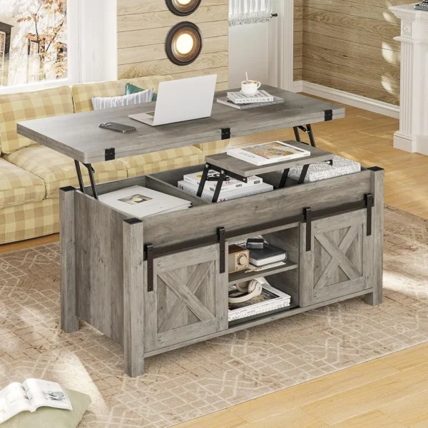 Lift Top Coffee Table, 4 in 1 Multi-Function Convertible Coffee Tables with Storage and Hidden Compartment, Farmhouse Coffee - Image 2