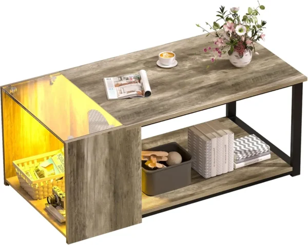 Coffee Table for Small Living Room, Modern Center Tables with Storage, Rectangular Glass Top Table with LED Light, Grey - Image 2