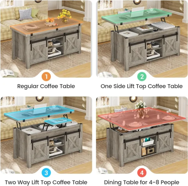 Lift Top Coffee Table, 4 in 1 Multi-Function Convertible Coffee Tables with Storage and Hidden Compartment, Farmhouse Coffee - Image 4