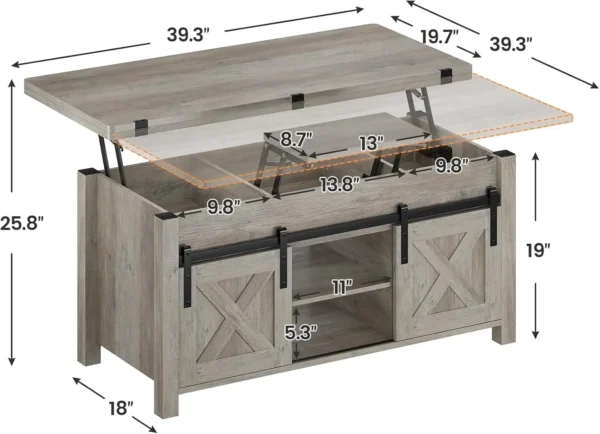 Lift Top Coffee Table, 4 in 1 Multi-Function Convertible Coffee Tables with Storage and Hidden Compartment, Farmhouse Coffee - Image 3