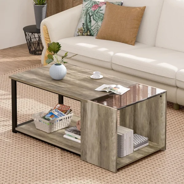 Coffee Table for Small Living Room, Modern Center Tables with Storage, Rectangular Glass Top Table with LED Light, Grey - Image 6