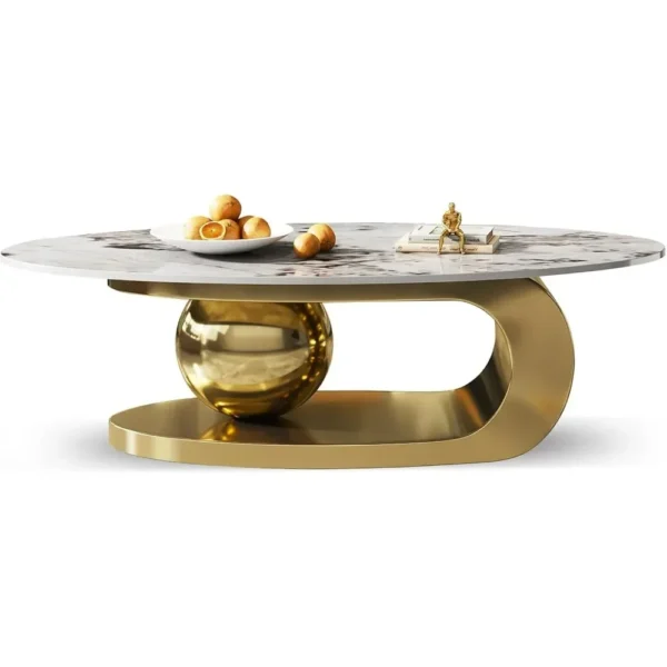 Modern Oval Stone Coffee Table with Abstract Gold Metal Base - Perfect Centerpiece for Stylish Living Rooms-Gold,51"Lx28Wx16.5H - Image 2